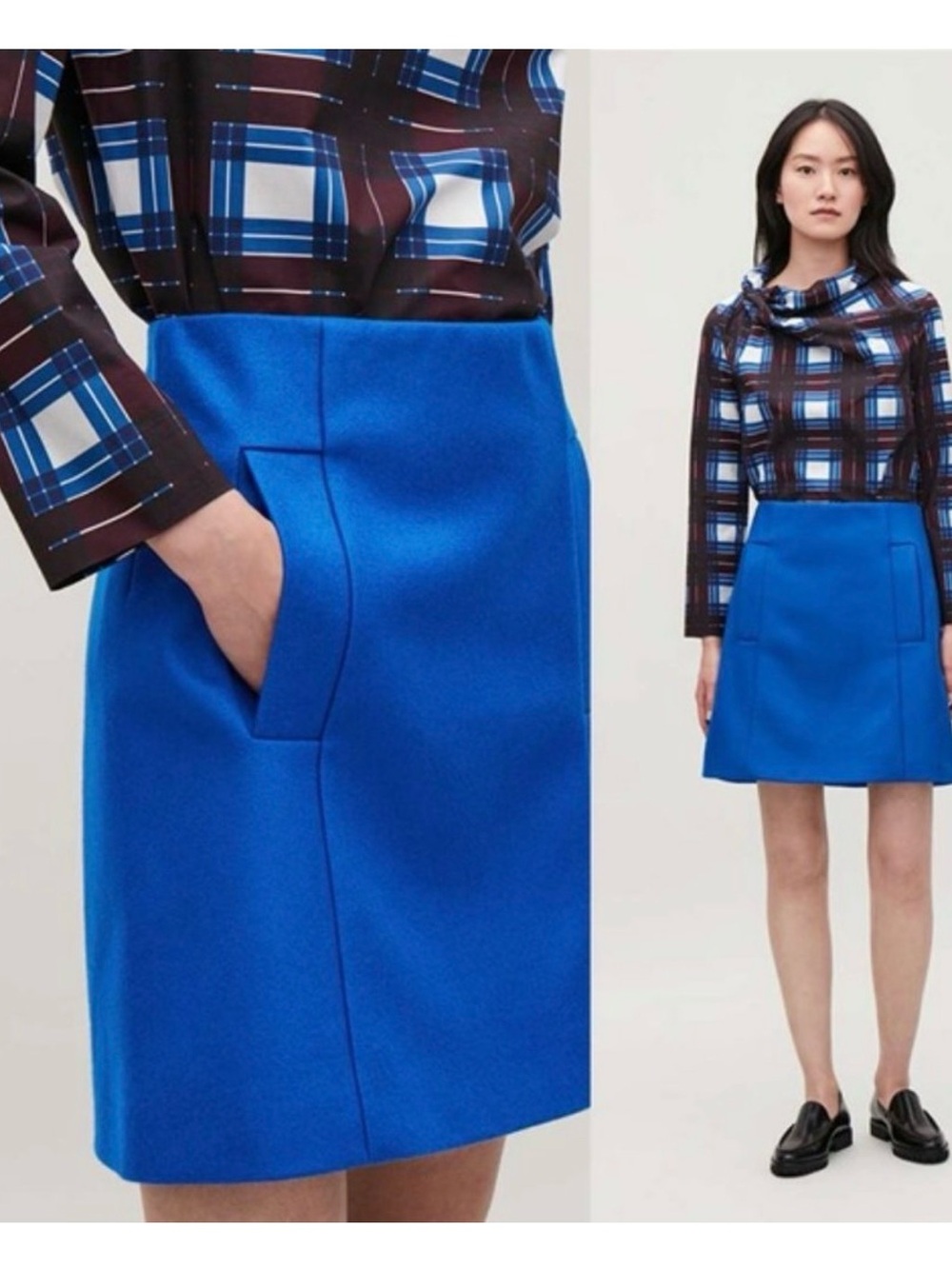 COS wool & cashmere blue mini skirt with pockets - size 12